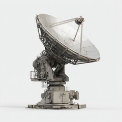 Large, reflective dish antenna on a gray metallic base.  Detailed machinery is visible