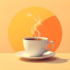 Obraz premium A white cup of hot coffee with steam rising, set against a vibrant orange sun graphic