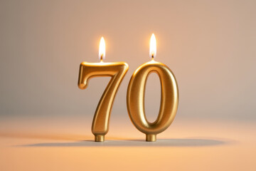 Golden numeral candles 7 and 0 with flames burning brightly on smooth surface, celebrating milestone with warm light and festive atmosphere