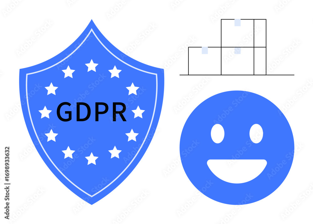 Poster blue shield with gdpr text, smiling face, and block diagram. ideal for data protection, privacy, com