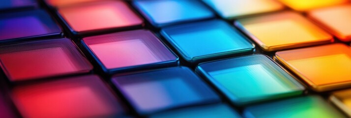 Colorful array of illuminated buttons displays vibrant hues in a creative studio environment during an evening music jam session