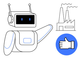 Robot with screen face and antennae gesturing beside factory outline emitting smoke and thumbs-up icon. Ideal for AI integration, automation, manufacturing, innovation, technology, industry, simple