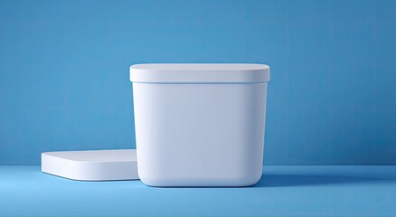 White square container on a light blue background