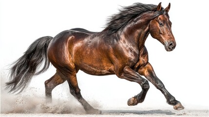 Obraz premium Majestic horse gallops across sandy terrain under bright sunlight in an open space