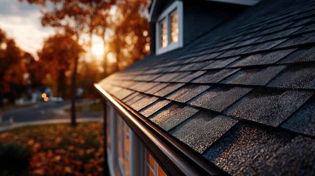 Close-up of a house roof with new shingles and gutters, set against a warm autumn sunset, highlighting home care and property quality.