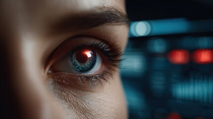 Close-up of a human eye with digital biometric interface, emphasizing futuristic security and technology concepts.