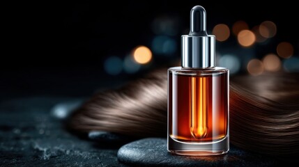 Fototapeta premium Luxurious hair serum in glass bottle with healthy hair strand on dark stone surface, ideal for beauty and hair care promotions.
