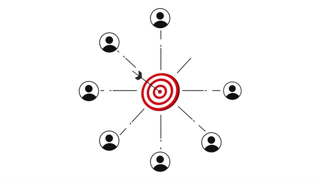 A goal in the center with team members connected, symbolizing focused teamwork and achieving a shared objective with strategy, 4k animation