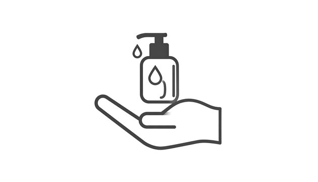 A hand holding a bottle of hand sanitizer, showcasing a simple graphic representation of hygiene practices.