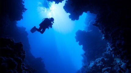 Diver exploring a deep sea trench illuminated by their flashlight ocean and marine life concept with copy space