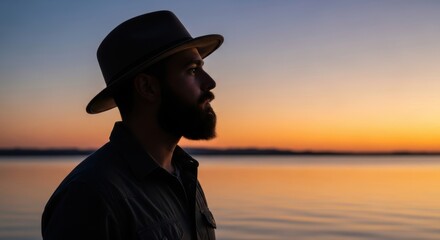 Silhouette of bearded male at sunset over water