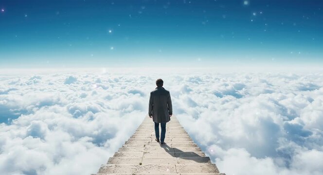 Lone man walking towards bright fantasy clouds in dreamy sky landscape
Seamless looping, virtual video animation background. Generated AI	