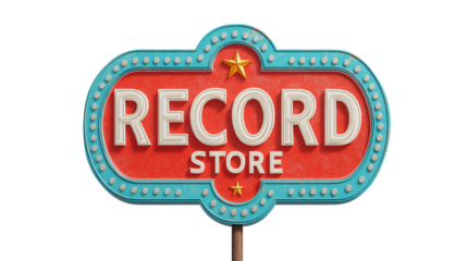 Retro illuminated record store sign with vintage typography and marquee lights