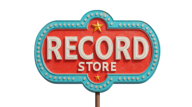Retro illuminated record store sign with vintage typography and marquee lights