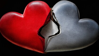 two intertwined hearts one vibrant red the other somber gray symbolize a fractured relationship against a grunge backdrop