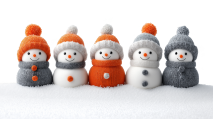 Five cute snowmen with hats and scarves stand in snow Christmas winter holiday theme
