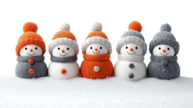 Five cute snowmen with hats and scarves stand in snow Christmas winter holiday theme