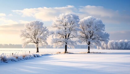 Obraz premium Three frosted trees stand sentinel in a pristine winter landscape, bathed in soft sunlight.
