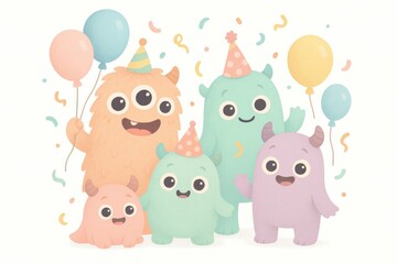 Naklejka premium Cheerful Cartoon Monsters Celebrating with Balloons and Party Hats
