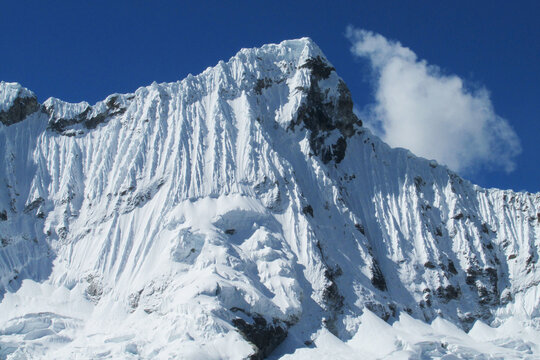 Huascaran mountain range in Cordillera Blanca, Peru near city Huaraz. Peruvian mountain summits. Snow and glacier mountains of Peru. Huascaran third tallest mountain in South America Peruvian Andes
