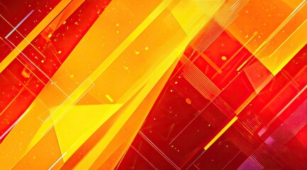 Abstract design with vibrant orange and red geometric shapes, diagonal lines, and scattered speckles