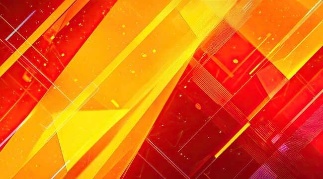 Abstract design with vibrant orange and red geometric shapes, diagonal lines, and scattered speckles