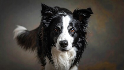 Fototapeta premium Close-up portrait of a captivating Border Collie, showcasing its intelligent expression and striking black and white coat against a textured, neutral backdrop.