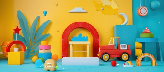 Colorful 3D cartoon toys and objects on a blue and yellow background with a red truck.