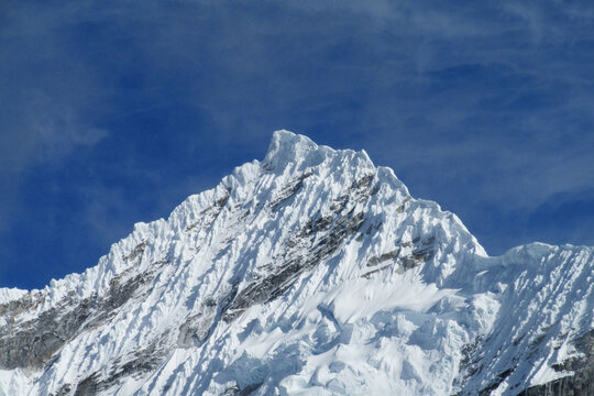 Huascaran mountain range in Cordillera Blanca, Peru near city Huaraz. Peruvian mountain summits. Snow and glacier mountains of Peru. Huascaran third tallest mountain in South America Peruvian Andes