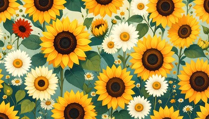 Fototapeta premium A vibrant floral pattern of sunflowers and daisies (1)