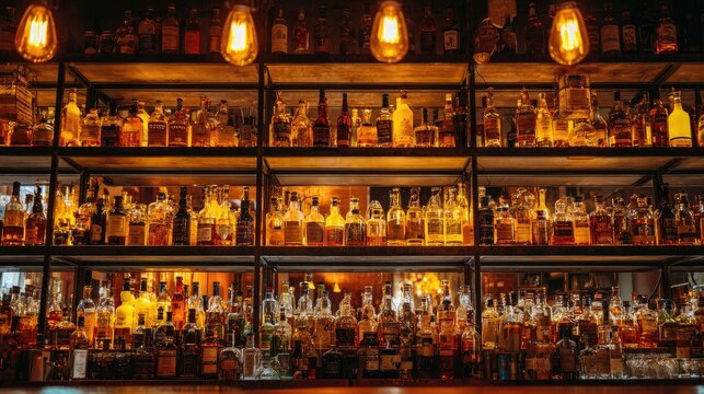 Dark bar with many liquor bottles