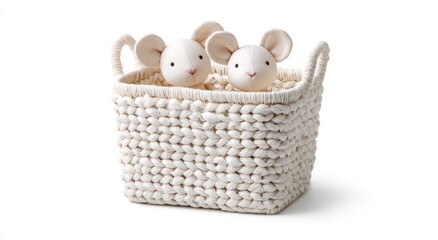 Cream-colored knitted basket with two small mice toys