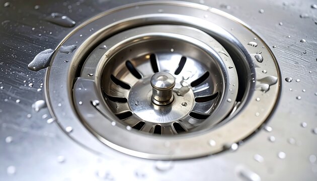 Stainless steel sink drain with water droplets