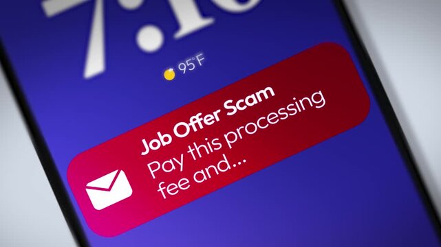 Close-up view of a smartphone displaying a warning about a job offer scam, urging users to beware, suspicious employment opportunities, 4k footage