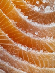 Fresh salmon fillets arranged with layers of salt creating a visual pattern highlighting the texture and quality of the fish