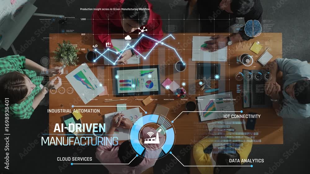 Poster a dynamic workshop scene featuring professionals engaged in ai-driven manufacturing discussions, hig