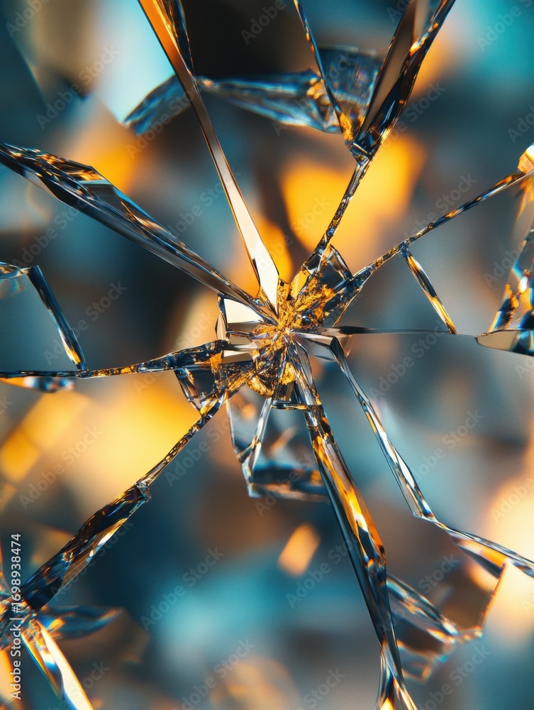 Poster shattered glass capturing reflections and light in intricate patterns and textures in a vibrant envi