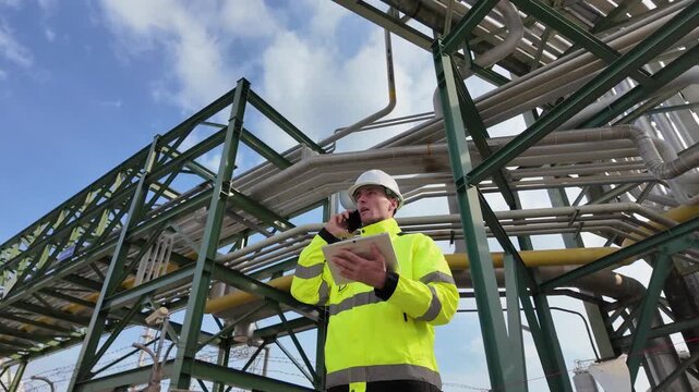 Refinery Gas, worker examines pipeline infrastructure near large pipelines in an industrial site. Engineers inspect new equipment while reviewing plans at industrial facility site