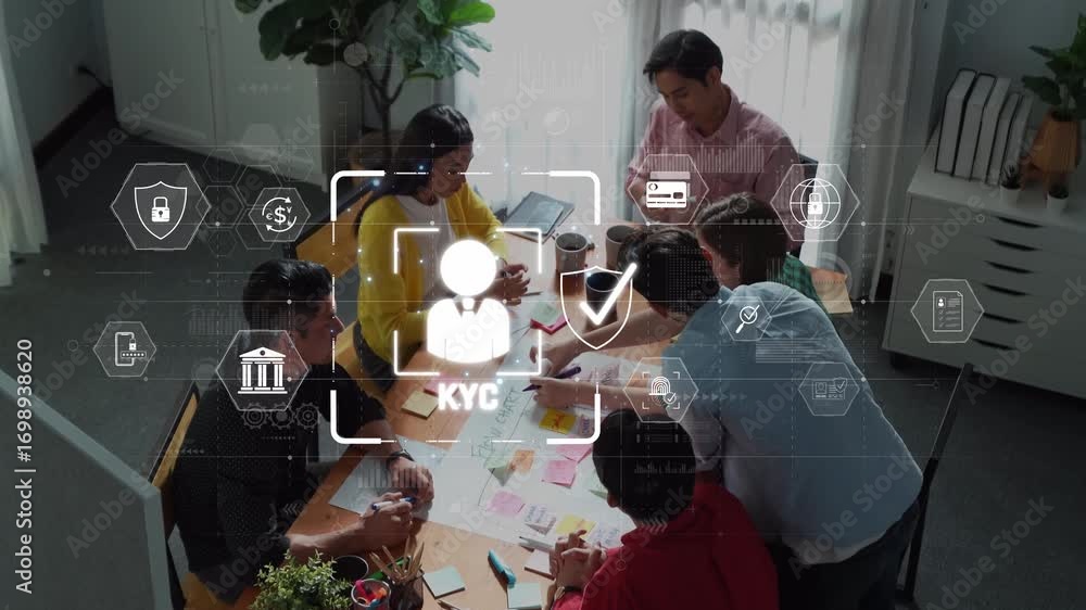 Poster a dynamic team working together in a modern office setting, focusing on kyc data analysis with digit
