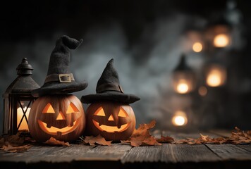 Obraz premium halloween pumpkins with glowing faces and witch hats on a wooden table against a dark background with lanterns, autumn leaves, and smoke. halloween concept. Copy Space