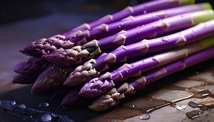 Close-up of vibrant purple asparagus spears, showcasing intricate details and glistening water droplets, creating a captivating visual.