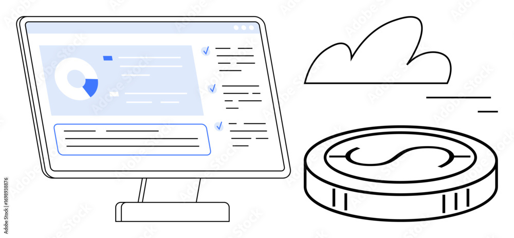 Poster computer screen displaying data analytics and checklist next to a coin and cloud imagery. ideal for 