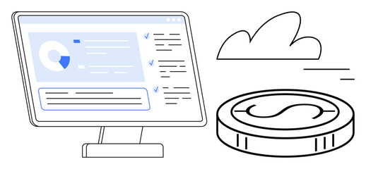 Computer screen displaying data analytics and checklist next to a coin and cloud imagery. Ideal for finance, technology, analytics, cloud storage, data management, fintech, simple landing page