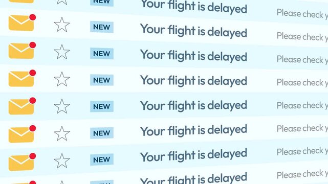 Flight delayed notifiactions of email scrolling on the screen, 4k animation seamless loop. Traveling, flight delay