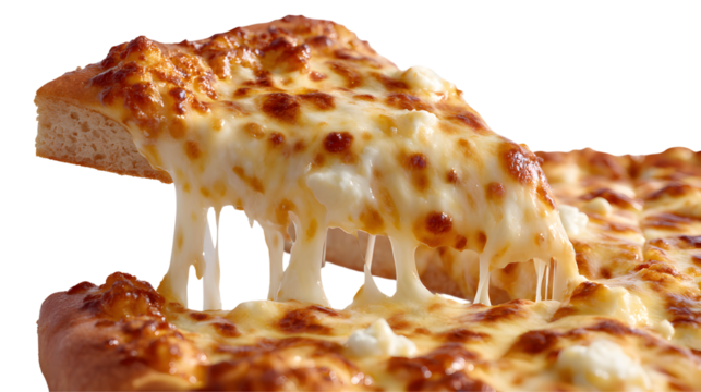 Lifting a slice of Quattro Formaggi (Four Cheese Pizza), creating a spectacular, gooey cheese pull. A rich and indulgent white pizza. Action shot.