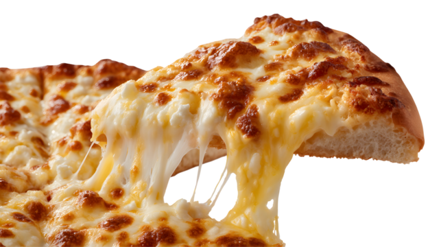 Lifting a slice of Quattro Formaggi (Four Cheese Pizza), creating a spectacular, gooey cheese pull. A rich and indulgent white pizza. Action shot.