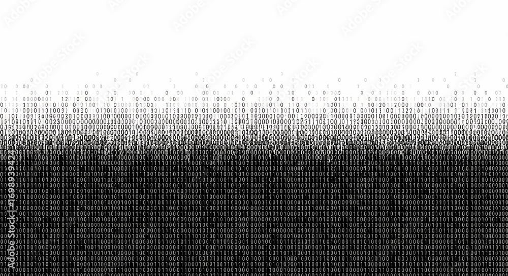 Poster dynamic digital data stream flowing from white to black, representing complex code and information f