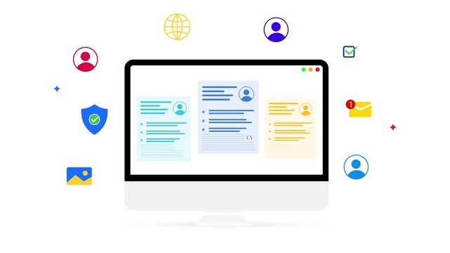 Online recruitment by Submitting CV on multiple platforms concept showing on the computer screen, 4k animation. Hiring, HR, recruiter, corporate