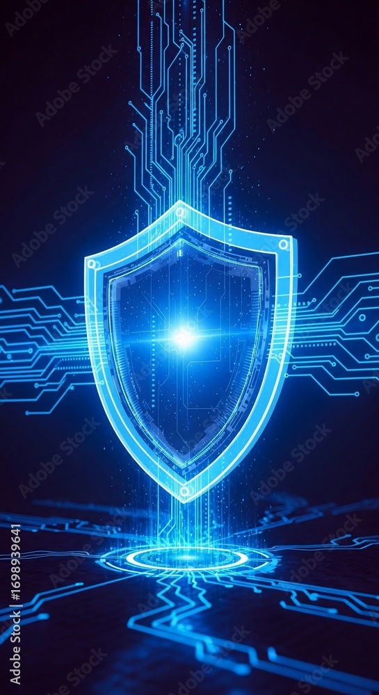 Poster dynamic digital shield protects data with glowing neon circuits, symbolizing cyber security and inno