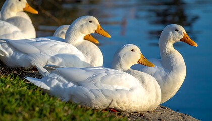 Group of white ducks by water